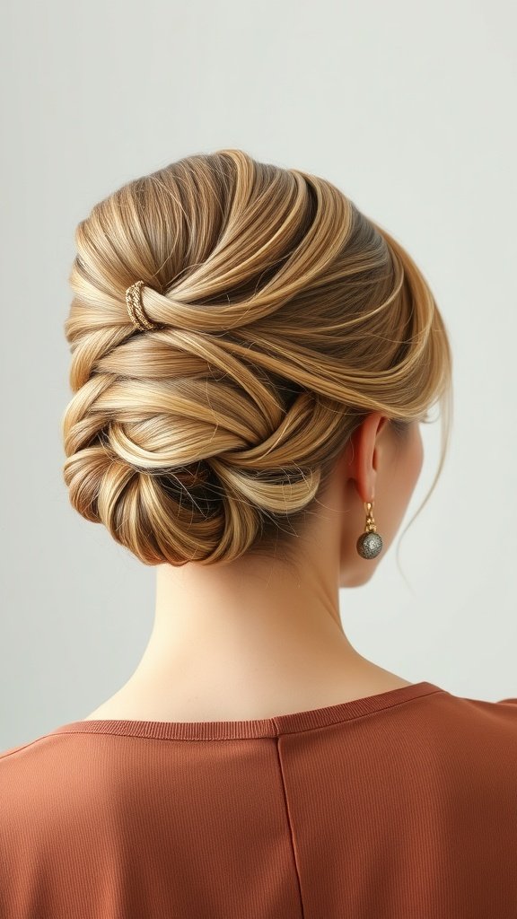 A woman with a chignon hairstyle featuring face-framing pieces, showcasing a stylish and elegant look.