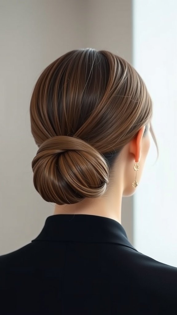 Elegant straight chignon hairstyle with smooth, shiny hair styled in a low bun.
