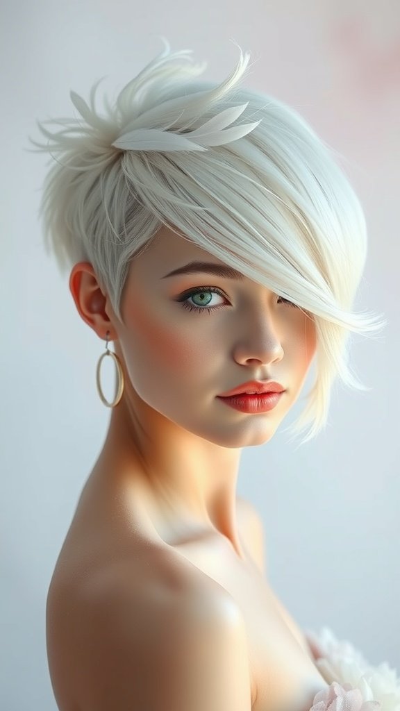 A woman with an ethereal feathered white pixie haircut, showcasing soft layers and a modern look.