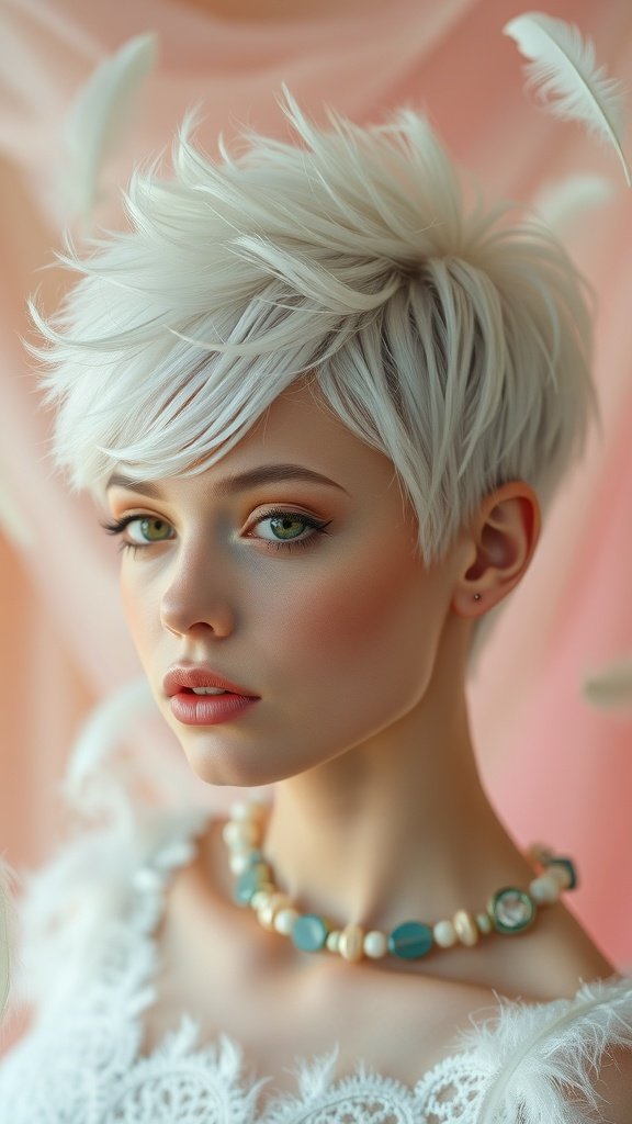 A model showcasing an ethereal feathered white pixie haircut with a delicate necklace.