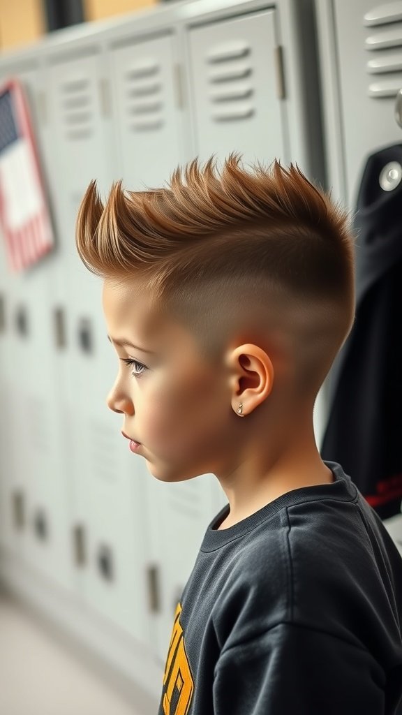 A boy with a faux hawk hairstyle and burst fade, standing in front of school lockers.
