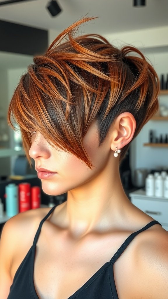 A stylish feathered bixie haircut with auburn tips, showcasing movement and texture.