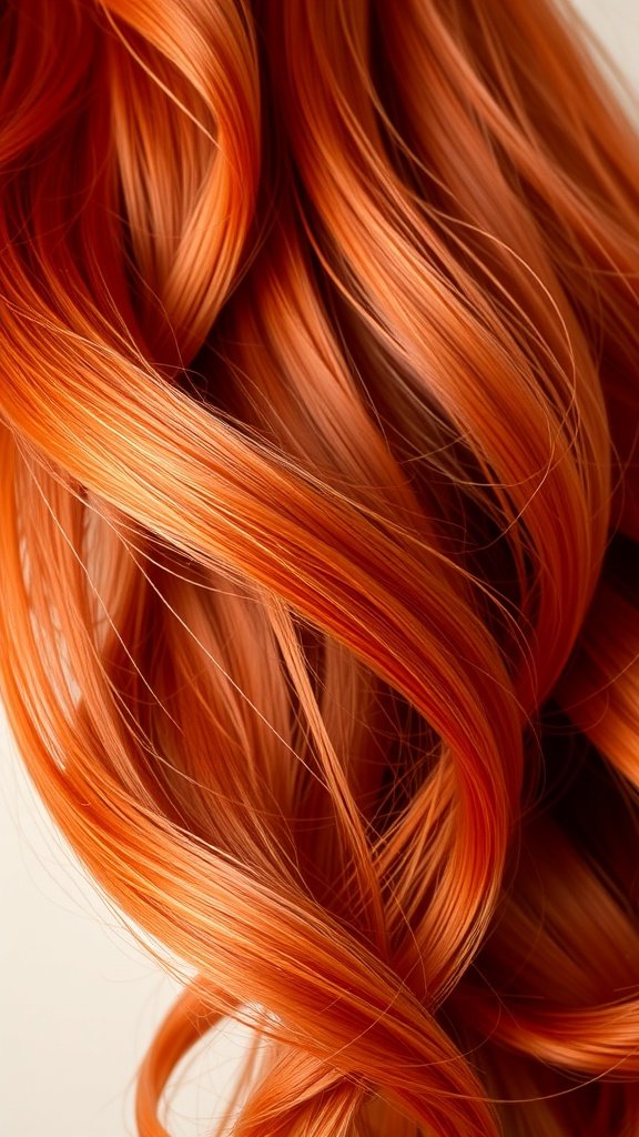Close-up of wavy hair in firebrick red with hints of orange.