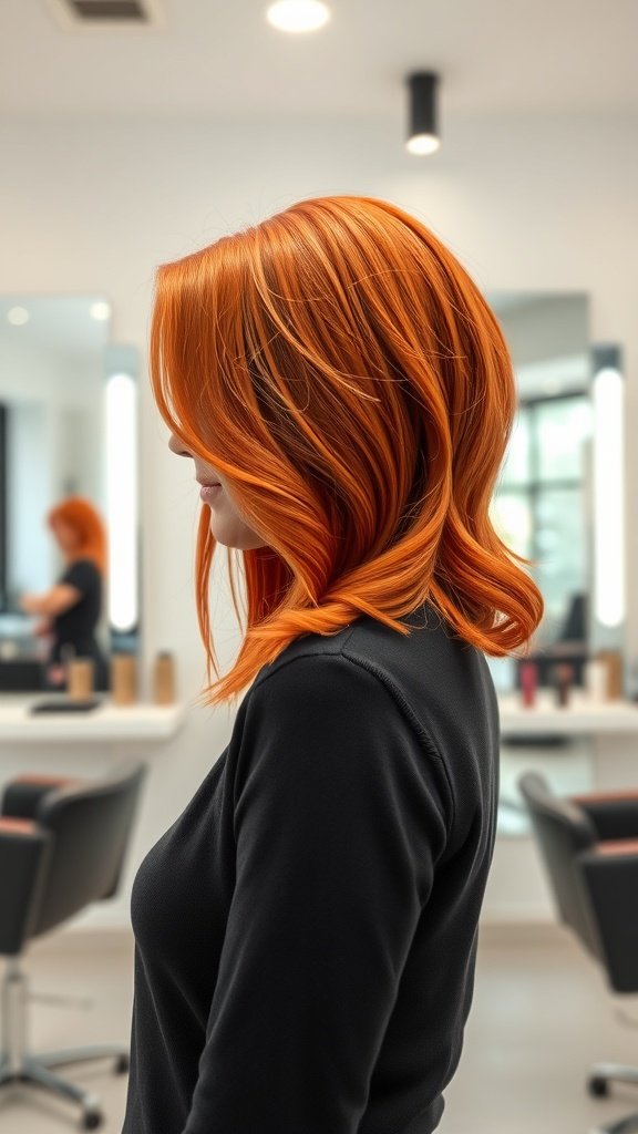 A woman with a flaming red bubble bob hairstyle featuring long-flowing layers, standing in a salon.
