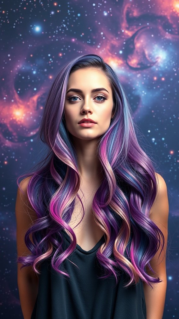 A model with galaxy-inspired hair featuring deep purples, blues, and pinks, set against a cosmic background.