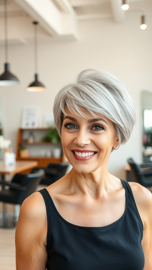 A woman with a glamorous pixie hairstyle and sweeping bangs, smiling confidently.