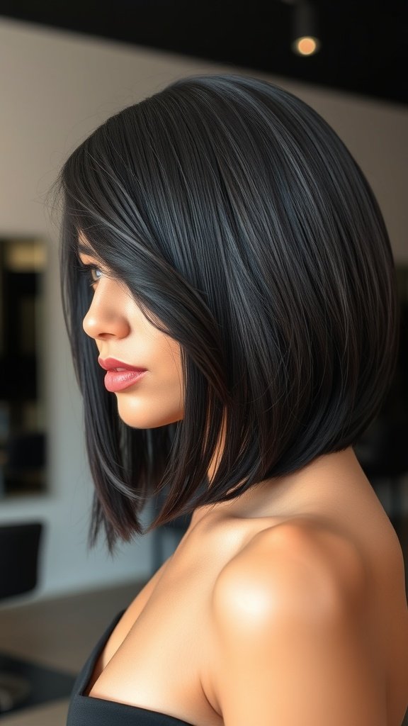 Glossy black lob haircut with a side bang