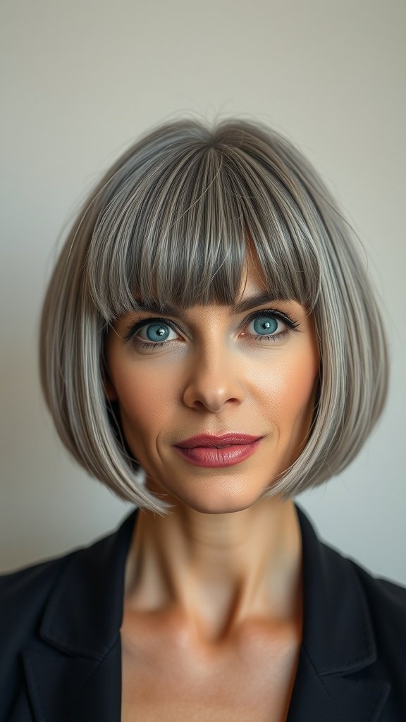 A woman with a gray bob hairstyle and blunt bangs, showcasing a modern and stylish look.