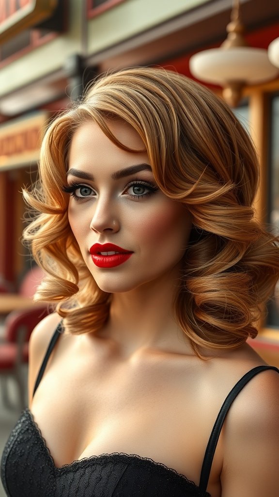 A woman with glamorous Hollywood waves and bold red lips, showcasing a classic hairstyle.