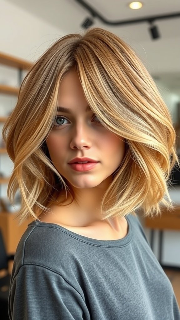 A woman with shoulder-length honey-blonde hair styled in soft waves, showcasing a fresh and vibrant look.