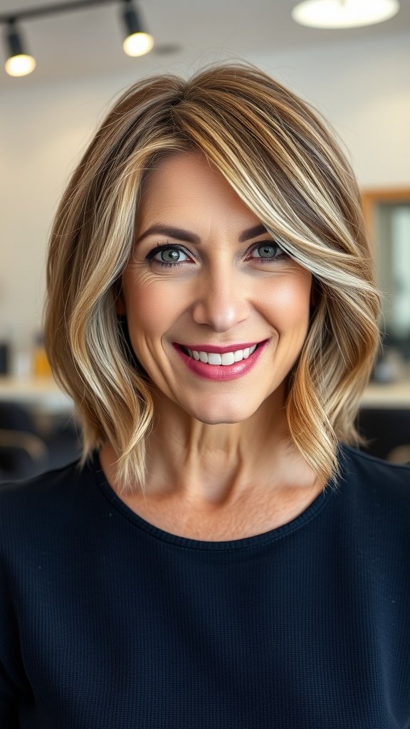 A woman with a layered bob hairstyle featuring shadow root color, smiling confidently.