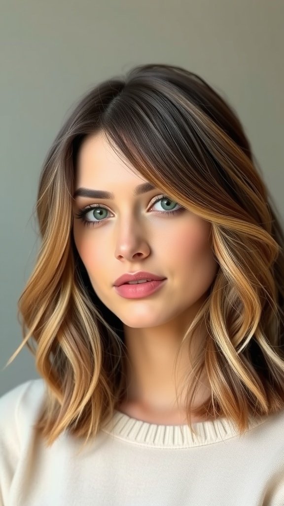 A woman with a layered lob hairstyle featuring soft waves, showcasing a feminine and stylish look.