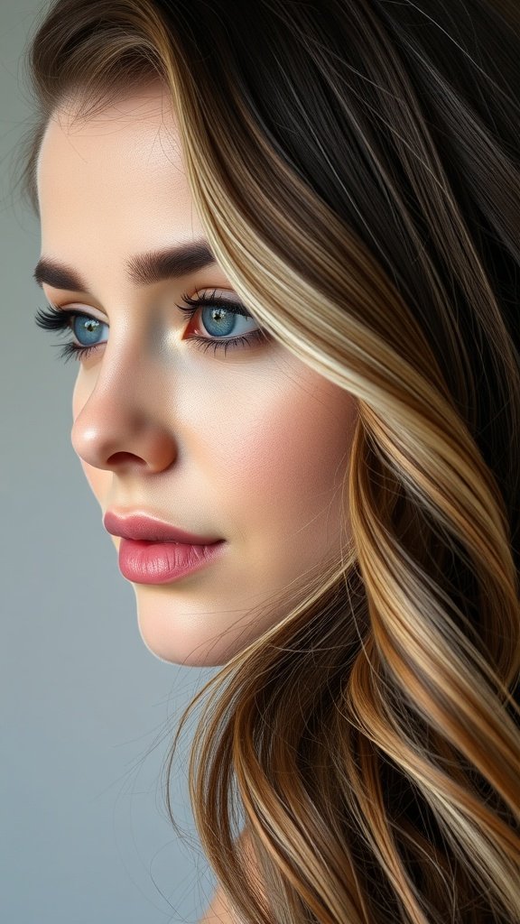 A close-up of a woman with mahogany brown hair and blonde face-framing highlights.