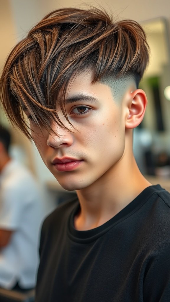 A young person with a medium razor cut featuring tousled layers, showcasing a stylish and modern look.