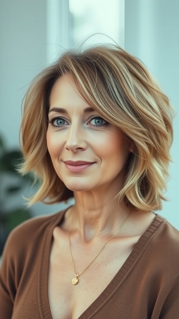 A woman with a messy lob hairstyle and wispy bangs, showcasing a casual yet elegant look.