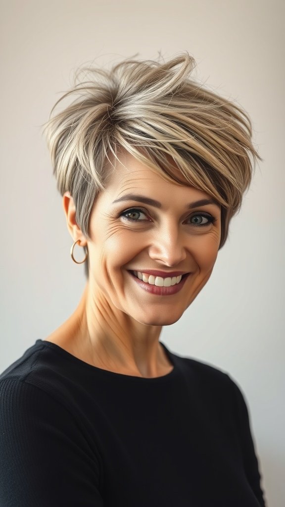 A woman with a messy pixie haircut, smiling confidently.