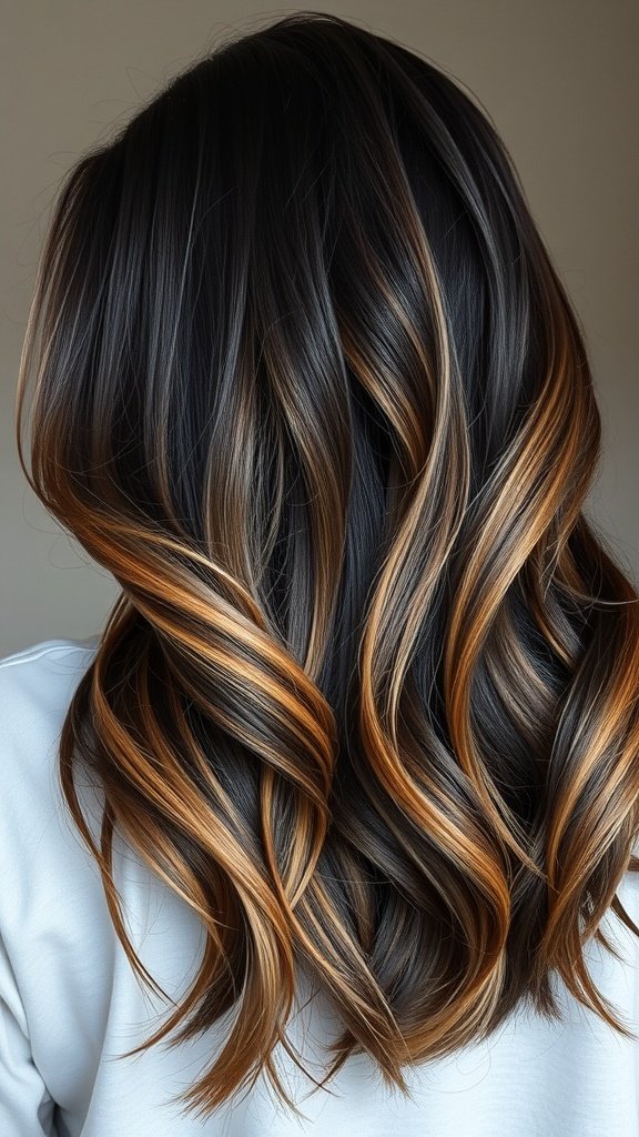 A woman with pitch black hair featuring bronzy blonde balayage, styled in soft waves.