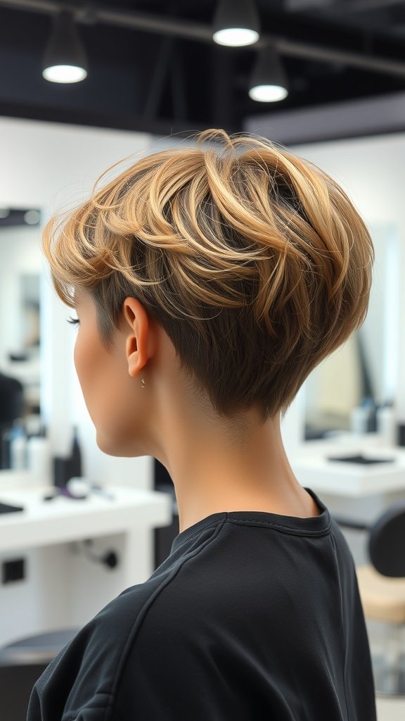 A woman with a stylish pixie cut featuring wavy layers on top, showcasing a modern and chic hairstyle.