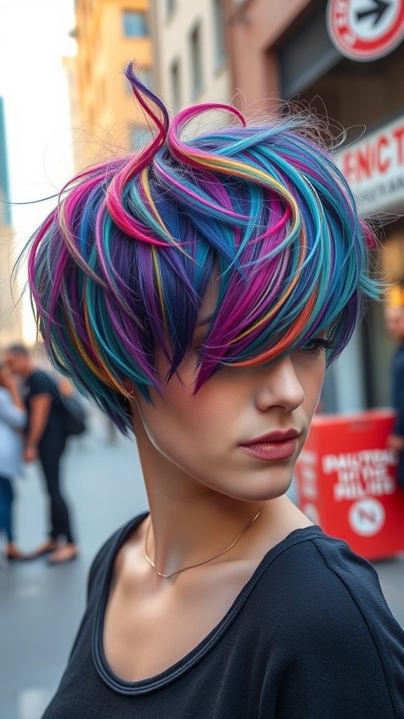 A woman with a pixie shag haircut featuring vibrant rainbow highlights, standing in an urban setting.