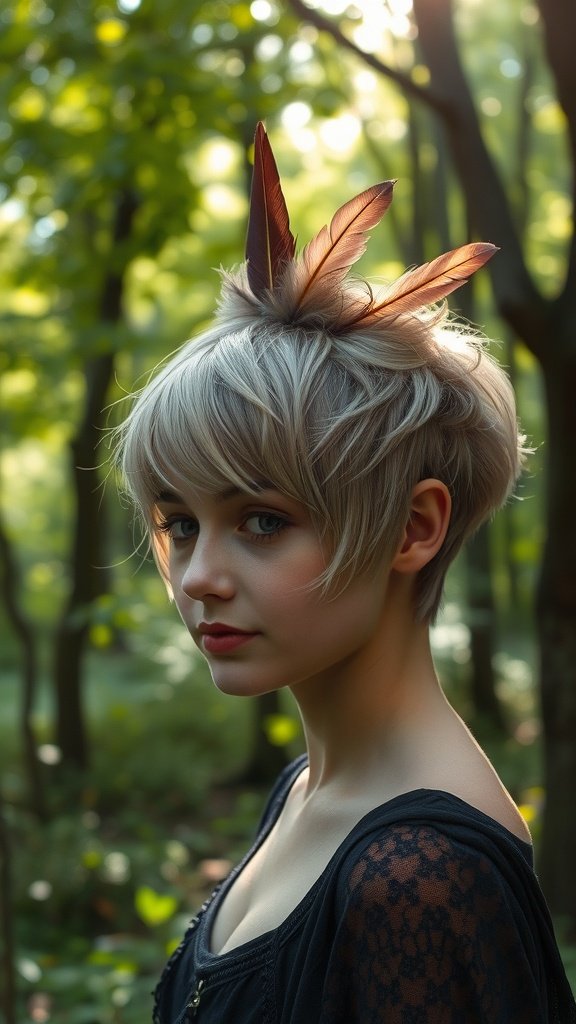 A woman with a pixie haircut featuring feathered accents, set in a lush green forest.