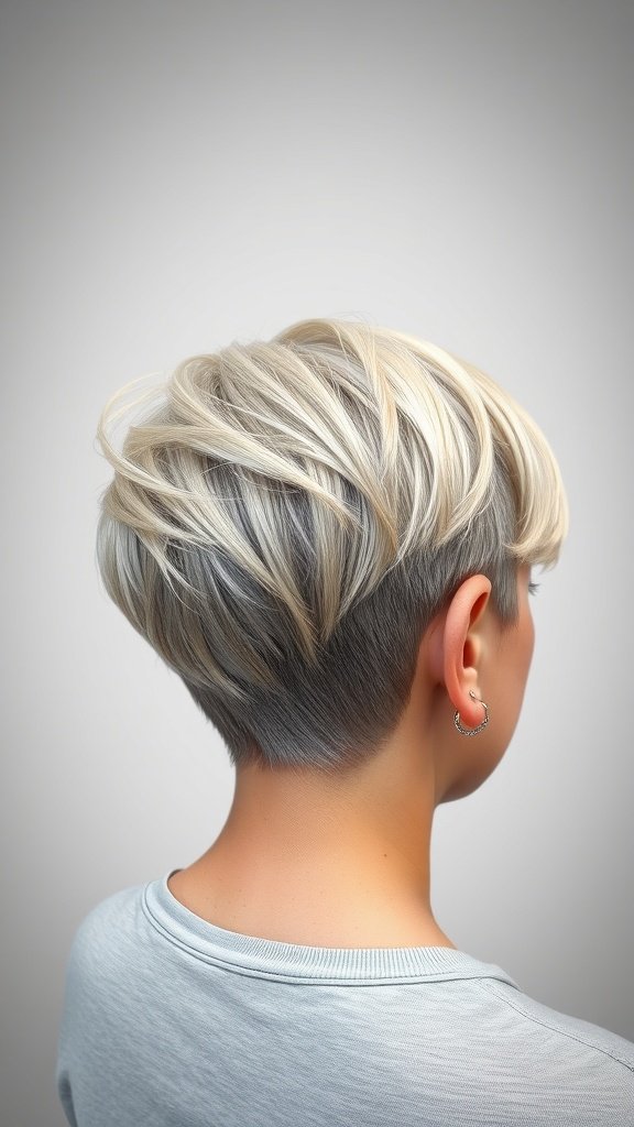 A stylish pixie haircut with a side part and tucked ear detail, showcasing textured layers and soft waves.