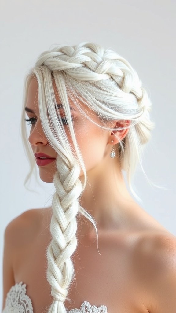 A woman with platinum blonde hair styled in a braided crown, showcasing a long braid and elegant earrings.