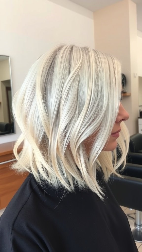 A side view of a woman with a platinum feathered shag haircut, showcasing soft layers and a modern style.