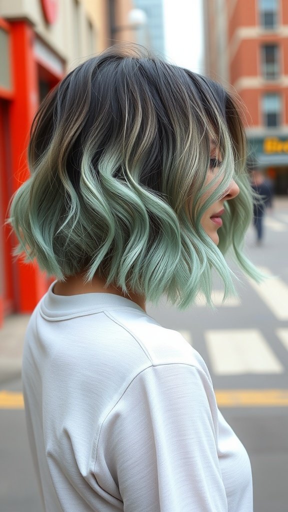 A woman with a poker straight bob haircut featuring seafoam green tips, standing in an urban setting.
