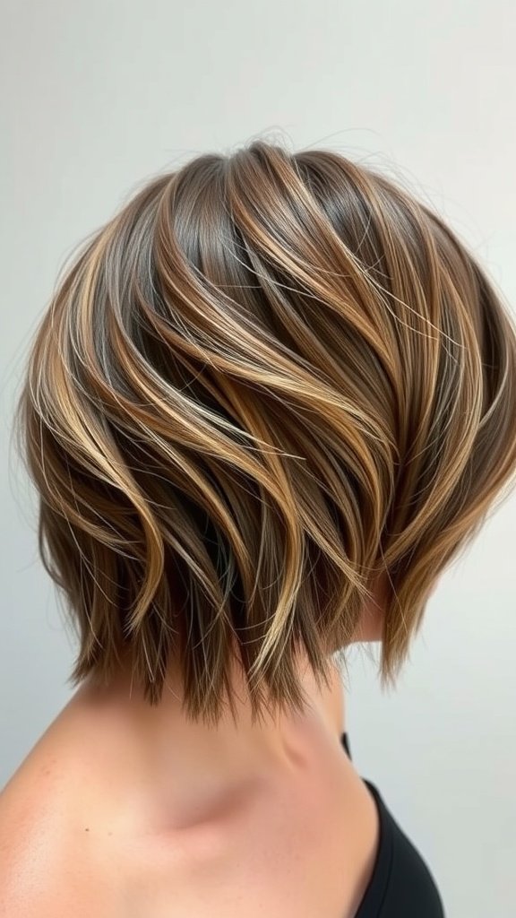 Razor-cut stacked bob hairstyle with undone texture and highlights
