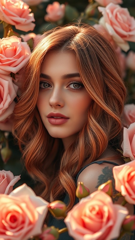 A model with rose gold red hair surrounded by pink roses.