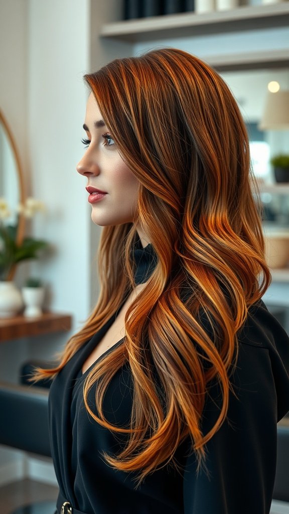 A woman with rusty brown hair featuring amber highlights, styled in loose waves.