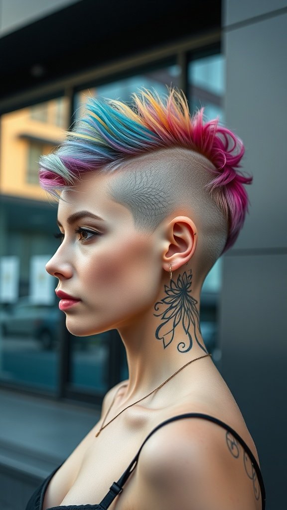 A woman with a sculpted pixie hairstyle featuring vibrant colors and a shaved side with intricate art.