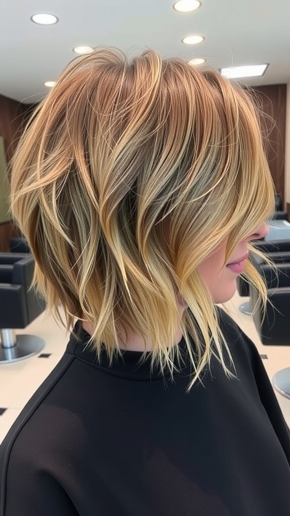 A woman with shaggy layers haircut showcasing invisible layers, styled with soft waves.