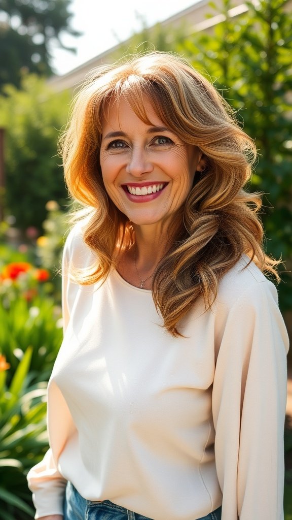 A woman with shaggy waves and choppy bangs, smiling in a garden.