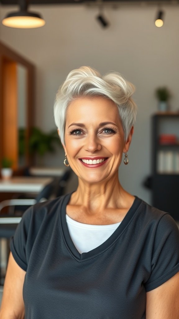 A woman over 60 with a short hairstyle featuring twisted top knots, smiling confidently.