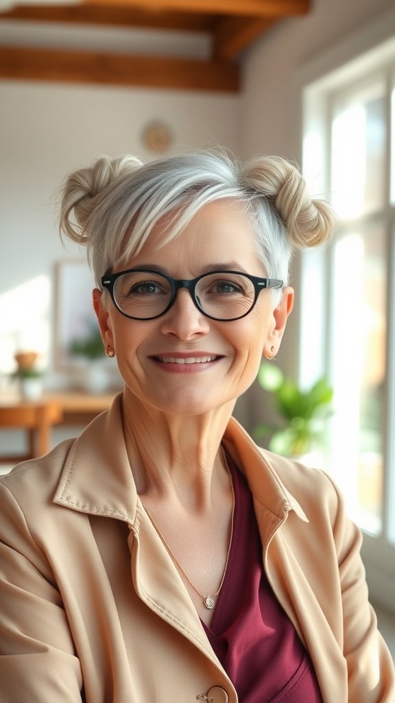 A woman over 60 with a short hairstyle featuring twisted top knots, smiling in a cozy indoor setting.