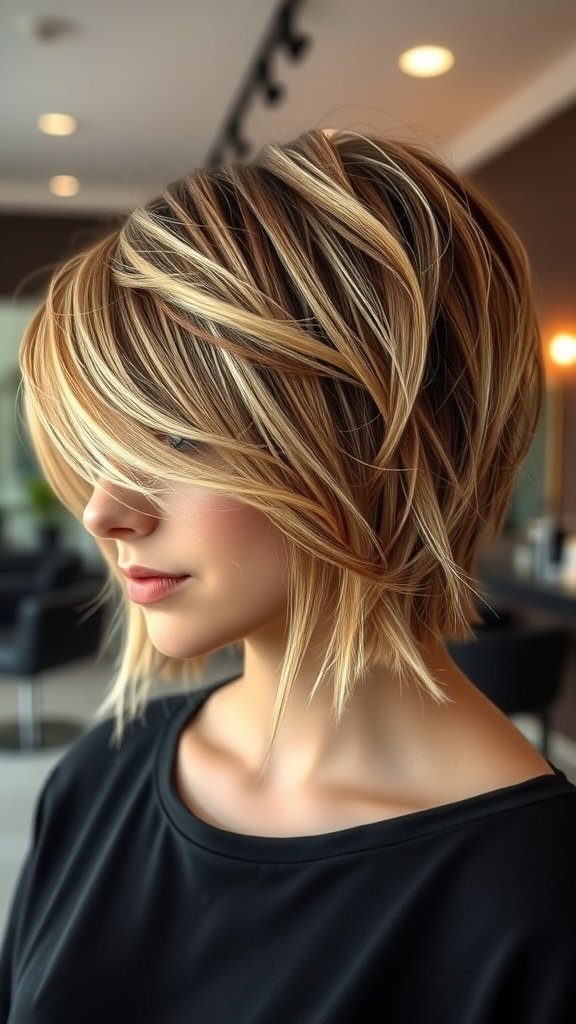 A woman with a short shag haircut featuring chunky highlights, showcasing layers and texture.