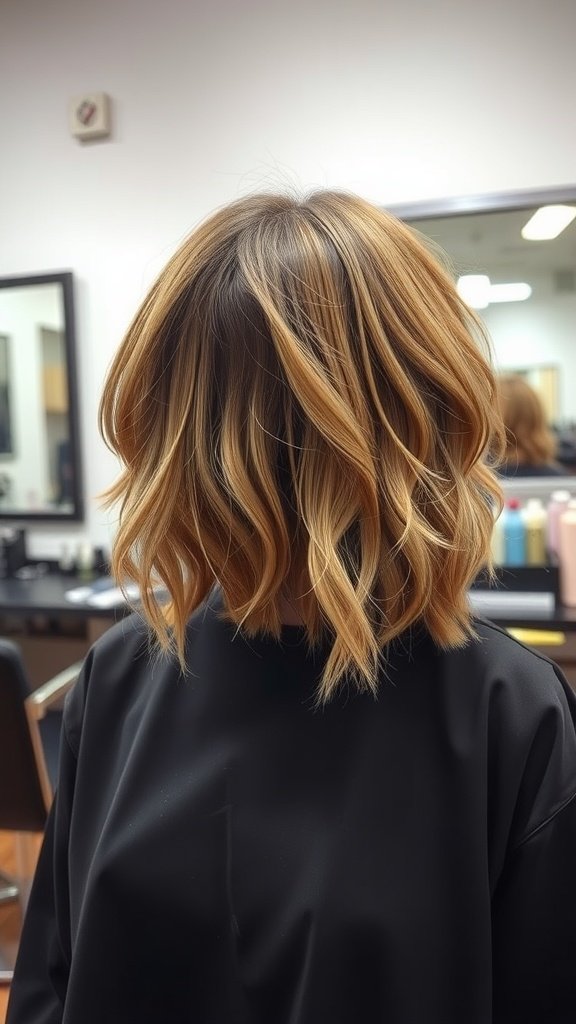 Shoulder-length shag hairstyle with bangs, showcasing layers and texture.