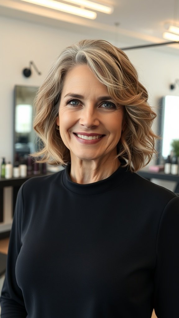 A woman with a shoulder-length wavy bob hairstyle, smiling in a salon setting.