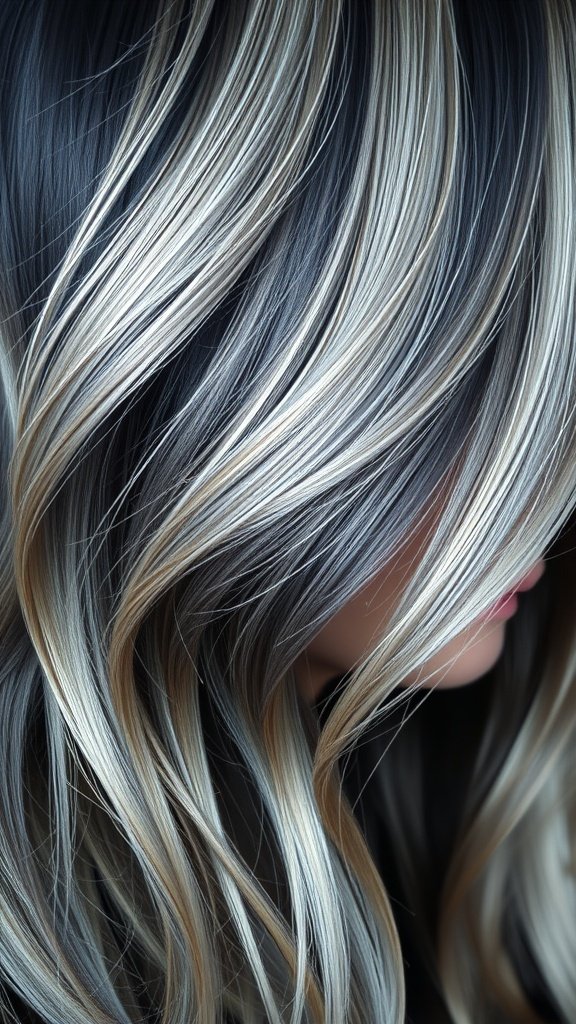 Close-up of hair featuring silver highlights on jet black hair