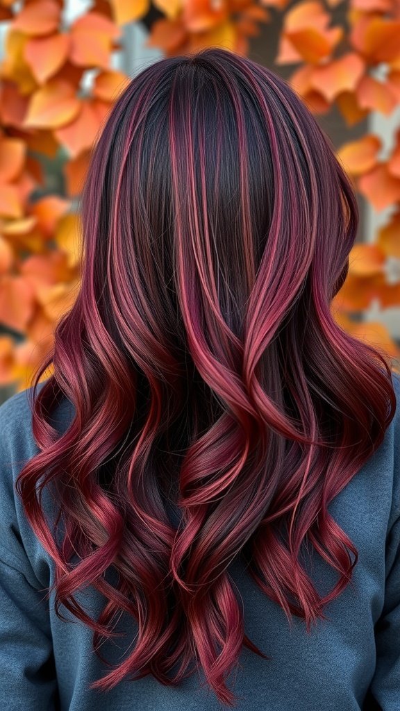 A woman with sleek cherry-burgundy lob hairstyle, featuring rich burgundy tones and dark cherry highlights, styled with waves.