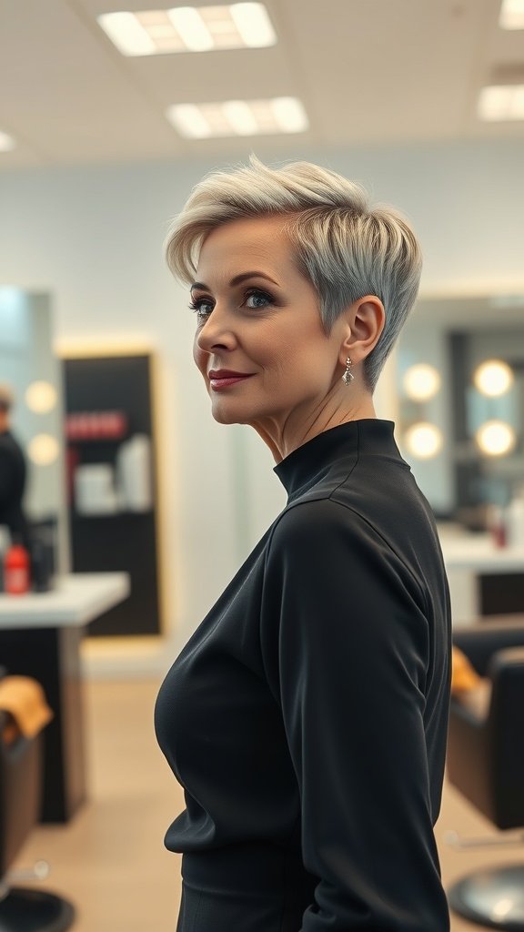 A woman with a slicked back pixie cut, showcasing a modern and stylish look.