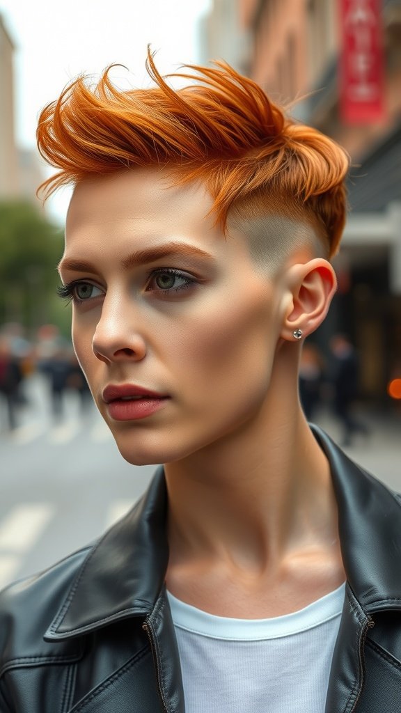A person with a smoked copper undercut hairstyle, featuring vibrant copper hair on top and a clean undercut.