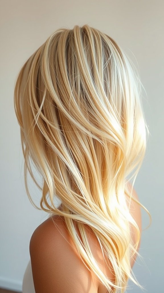 A beautiful hairstyle showcasing Sparkling Gemstone Blonde hair color with soft golden and icy platinum tones.