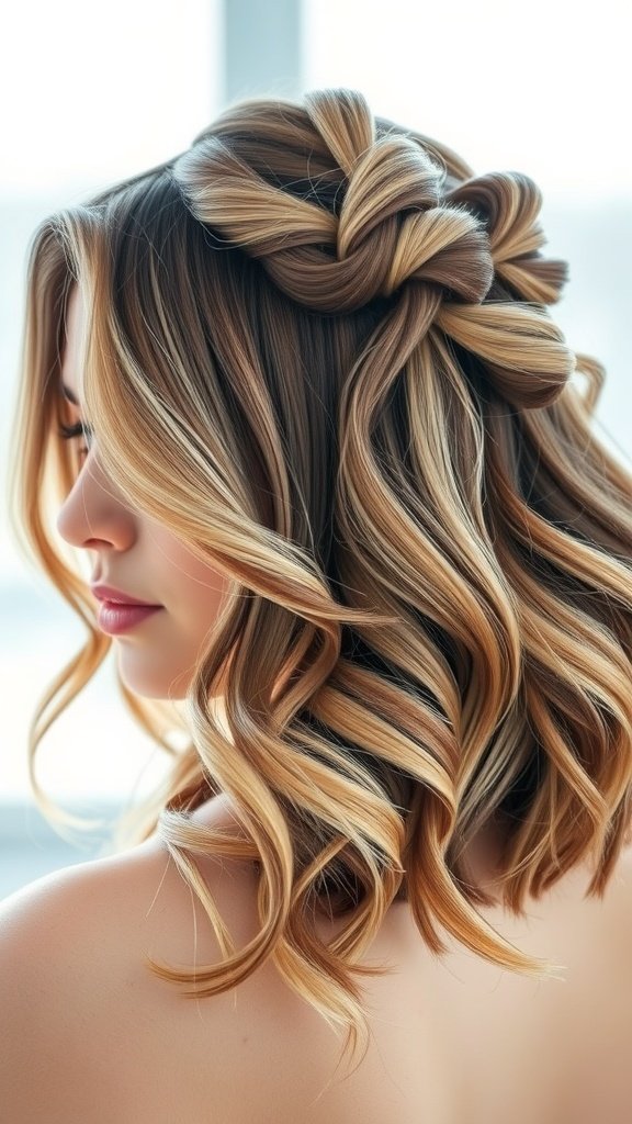 A woman with medium-length hair styled in half-up twists with subtle lowlights and soft curls.