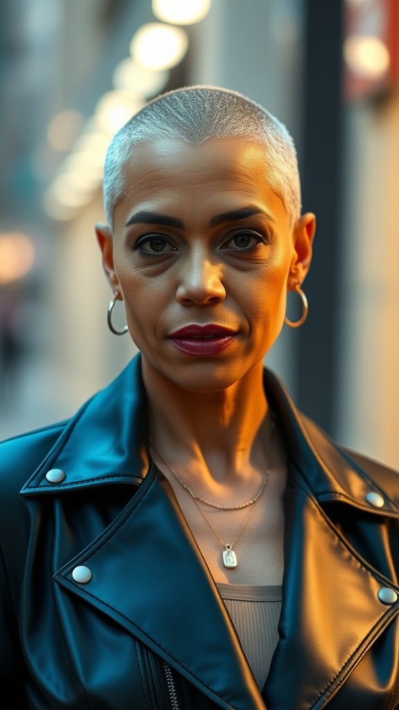 A woman with a tapered buzz cut, wearing a leather jacket and looking confidently at the camera.