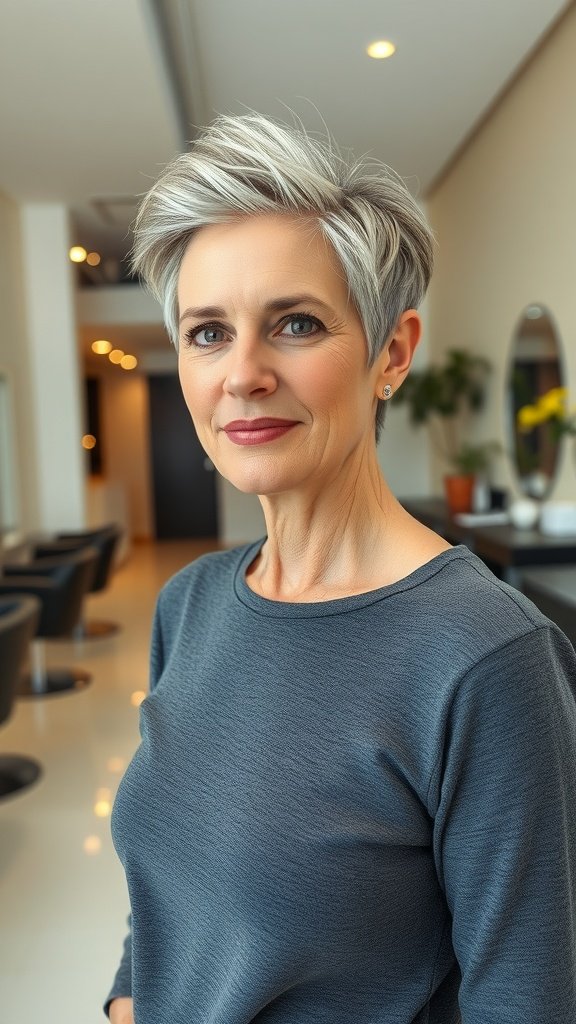 A woman over 50 with a tapered neckline cut and spiky top hairstyle, looking confident and stylish.
