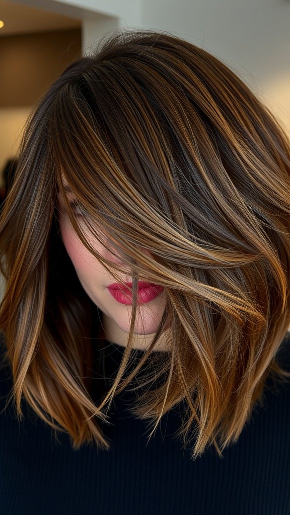 Textured bob hairstyle with feathered layers and highlights