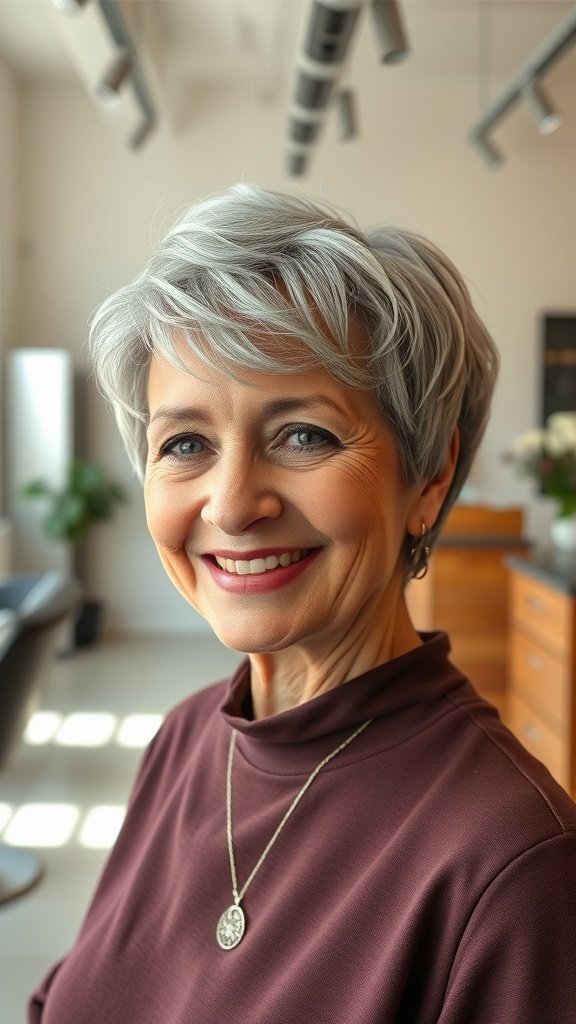 A woman with a textured pixie haircut and choppy bangs, smiling in a modern salon setting.