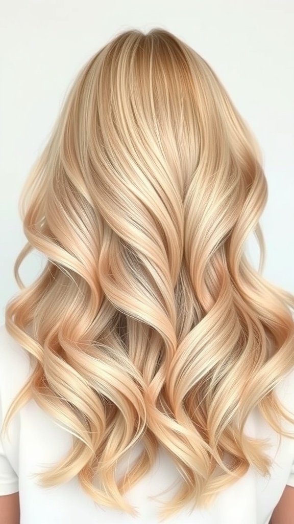 Thick blonde hair with rose gold lowlights styled in waves